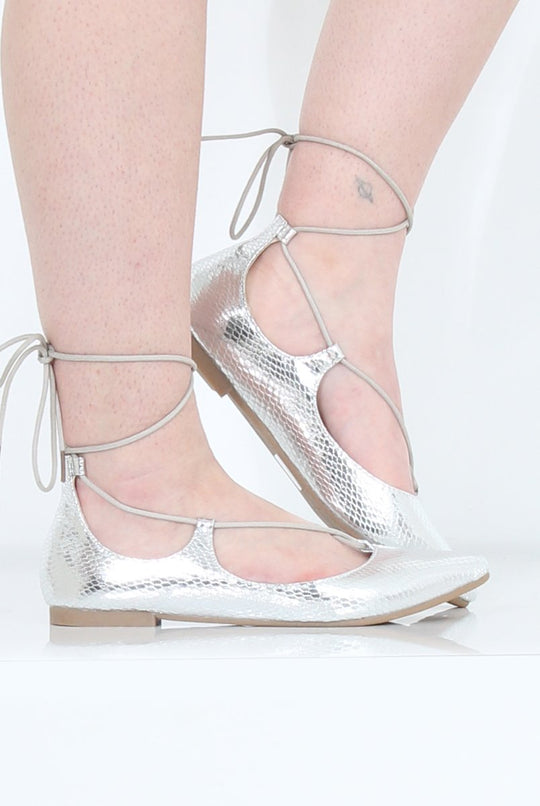 Silver Lace Up Flats - Nina