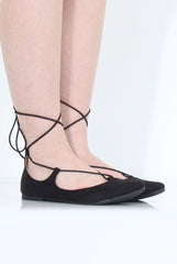 Black Suede Lace Up Flats - Nina