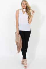 Nina White High Neck V Front Top