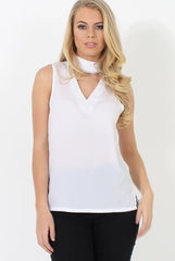 Nina White High Neck V Front Top