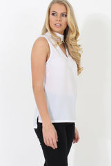 Nina White High Neck V Front Top