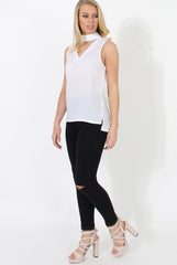 Nina White High Neck V Front Top