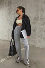 Grey Front Split Wide Leg Joggers - Jenise