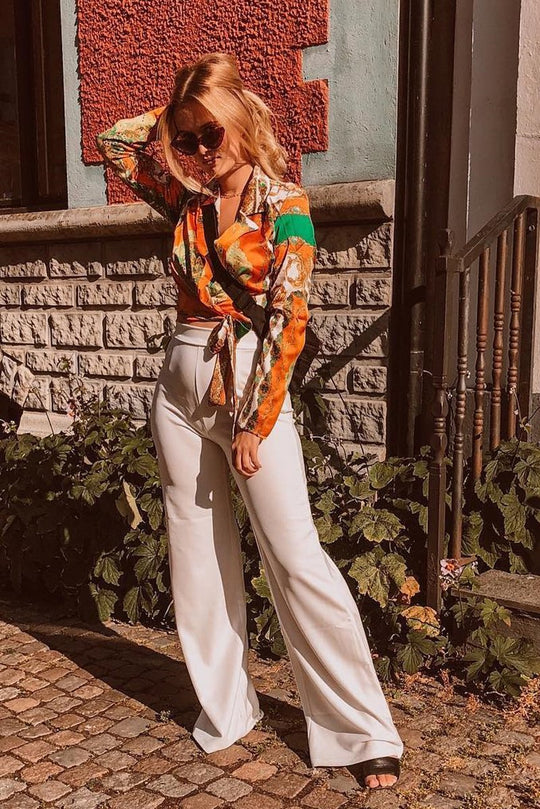 Orange Scarf Print Tie Front Cropped Shirt - Nishitha