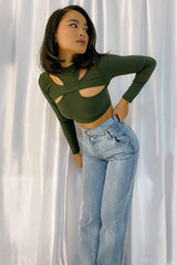 Khaki Ribbed Double Cut Out Crop Top - Graci