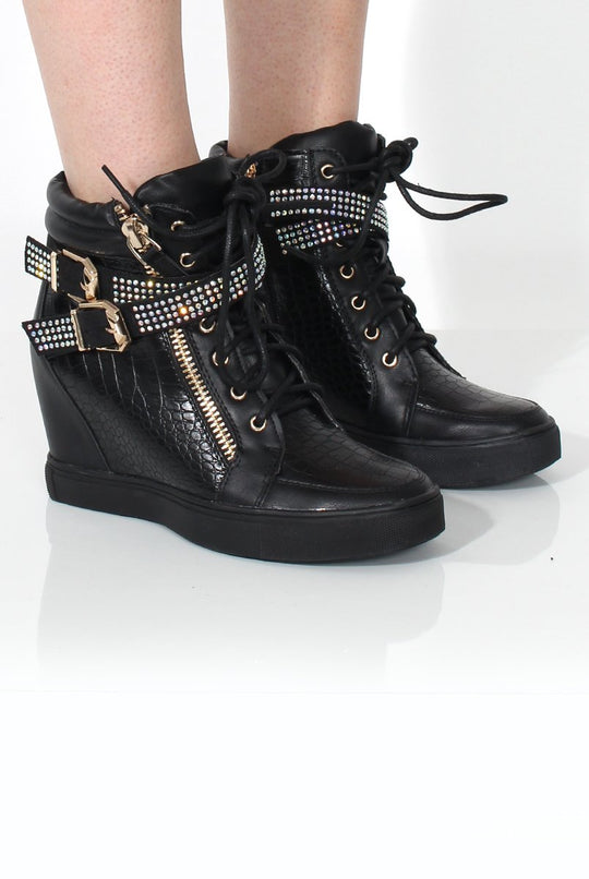 Nixie Black Snakeskin Diamante Wedged Trainers