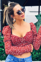 Red Floral Print Puff Sleeve Milkmaid Crop Top - Caddie