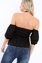 Black Bardot V Plunge Ruffle Hem Top - Norah