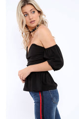 Black Bardot V Plunge Ruffle Hem Top - Norah