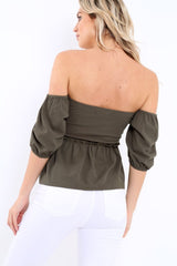 Khaki Bardot V Plunge Ruffle Hem Top - Norah