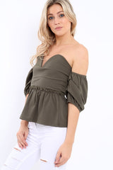 Khaki Bardot V Plunge Ruffle Hem Top - Norah
