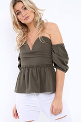 Khaki Bardot V Plunge Ruffle Hem Top - Norah