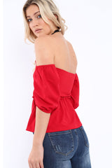 Red Bardot V Plunge Ruffle Hem Top - Norah