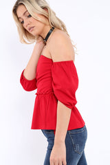 Red Bardot V Plunge Ruffle Hem Top - Norah
