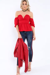 Red Bardot V Plunge Ruffle Hem Top - Norah
