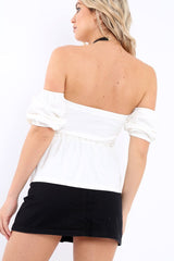 White Bardot V Plunge Ruffle Hem Top - Norah