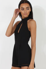 Black High Neck Keyhole Playsuit - Nori