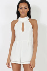 White High Neck Keyhole Playsuit - Nori