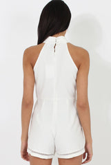 White High Neck Keyhole Playsuit - Nori