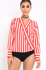 Red Stripe Plunge Satin Bodysuit - North