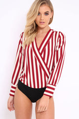 Wine Stripe Plunge Satin Bodysuit - North
