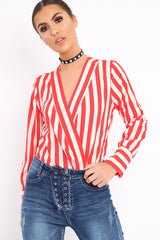 Red Stripe Plunge Satin Bodysuit - North