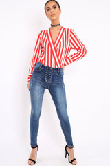 Red Stripe Plunge Satin Bodysuit - North