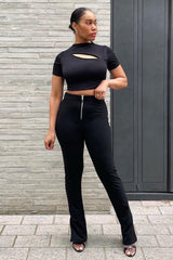 Black Cut Out Short Sleeve Slinky Crop Top - Harriet