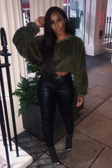 Khaki Fluffy Long Sleeve Crop Jumper - Noura