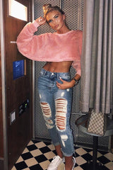 Pink Fluffy Long Sleeve Crop Jumper - Noura