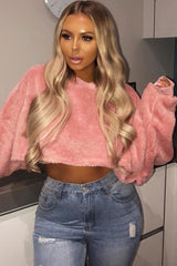 Pink Fluffy Long Sleeve Crop Jumper - Noura