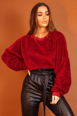 Wine Fluffy Long Sleeve Crop Jumper - Noura