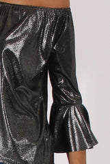 Gunmetal Grey Metallic Bardot Bell Sleeve Top - Nova