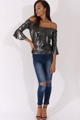 Gunmetal Grey Metallic Bardot Bell Sleeve Top - Nova