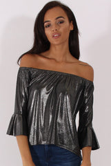 Gunmetal Grey Metallic Bardot Bell Sleeve Top - Nova