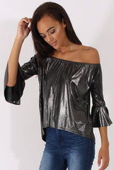Gunmetal Grey Metallic Bardot Bell Sleeve Top - Nova
