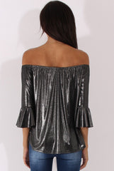 Gunmetal Grey Metallic Bardot Bell Sleeve Top - Nova