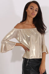 Gold Metallic Bardot Bell Sleeve Top - Nova