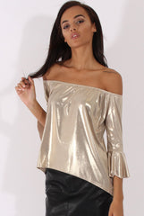 Gold Metallic Bardot Bell Sleeve Top - Nova