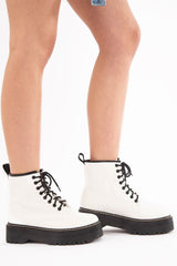 White Faux Leather Platform Chunky Ankle Boots - Miami