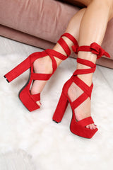 Red Faux Suede Platform Lace Up High Heels - Niara