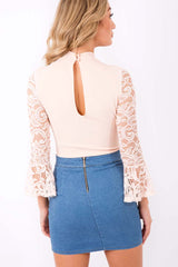 Nude Bell Sleeve Lace Insert Choker Bodysuit - Evie