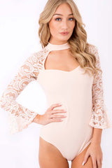 Nude Bell Sleeve Lace Insert Choker Bodysuit - Evie