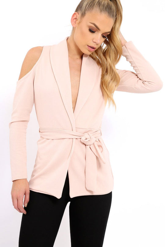 Nude Cold Shoulder Tie Waist Blazer - Agnes