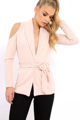 Nude Cold Shoulder Tie Waist Blazer - Agnes