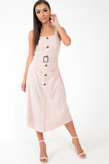 Nude Button Front Belted Midi Dress - Caela