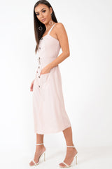 Nude Button Front Belted Midi Dress - Caela
