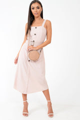 Nude Button Front Belted Midi Dress - Caela