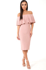 Mauve Pinstripe Frill Bardot Bodycon Midi Dress -Jovey