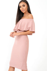 Mauve Pinstripe Frill Bardot Bodycon Midi Dress -Jovey